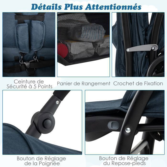 Cochecito doble plegable COSTWAY con capota ajustable, manillar, 4 ruedas con amortiguación, arnés de 5 puntos y capacidad de carga de 30 kg - Azul