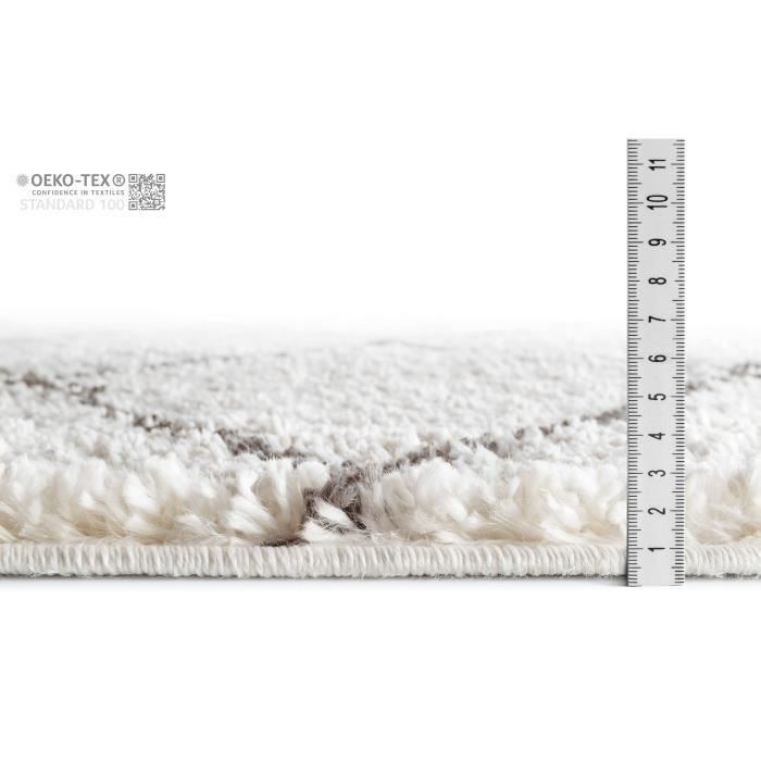 Shaggy Hallway Rug 80x300 cm Cream Anthracite Diamond Pattern - TESSO LIVING - Long Pile 3 cm - Synthetic