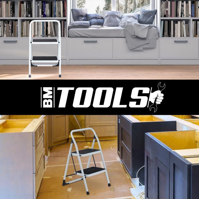 Scala a 2 gradini BM TOOLS BMT-ESC2-ACC, altezza di lavoro 47 cm, facile da riporre, gradini antiscivolo, robusta e durevole.