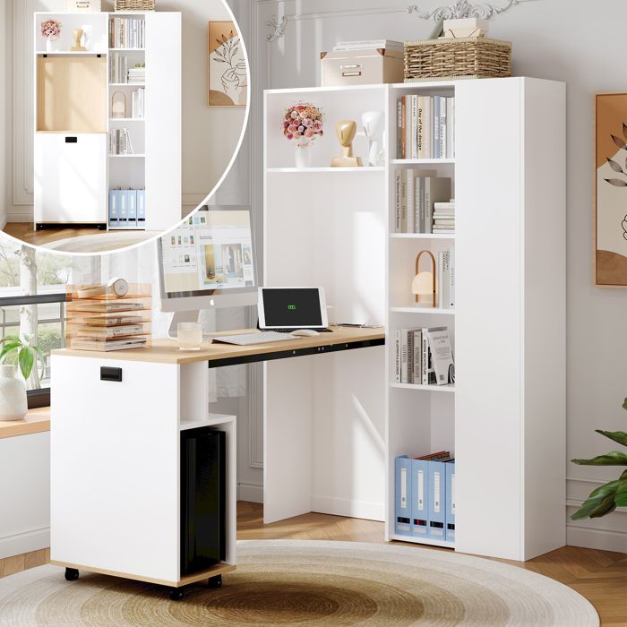 Scrivania pieghevole 104,5x30,5x160 cm - Con libreria - Porte USB - Ripiani regolabili - Con rotelle - Bianco+naturale