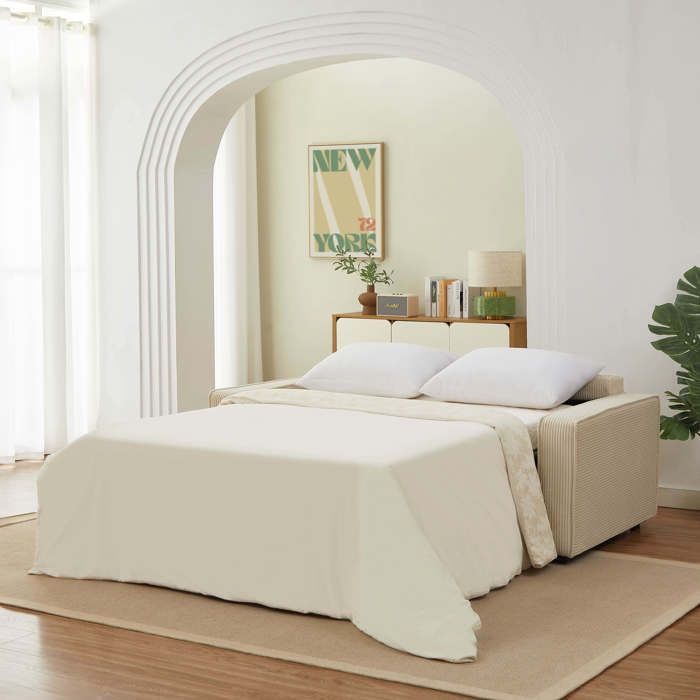 Sofá cama convertible de 3 plazas ROYAL Express en pana beige.