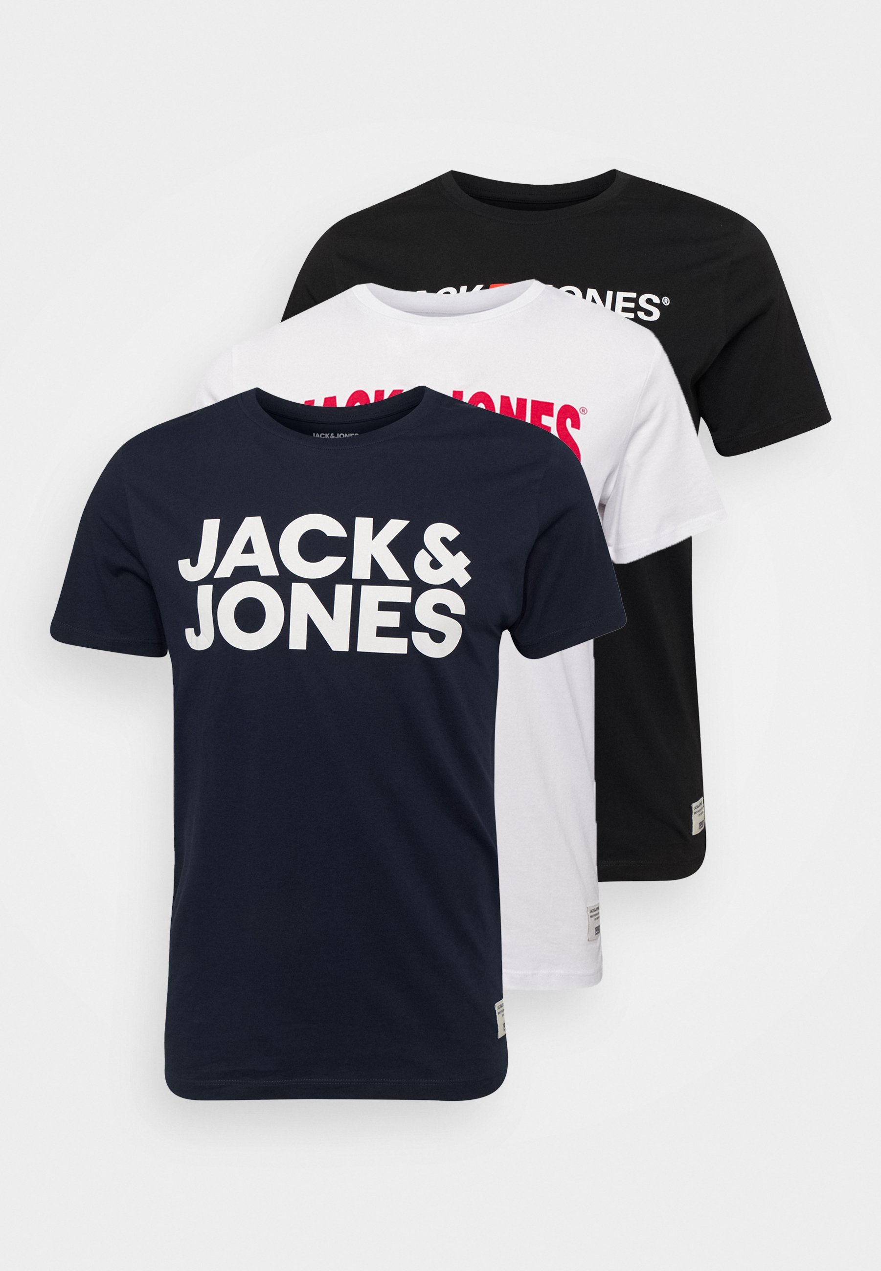 Jack & Jones JOR30HISTORY T-Shirt mit Rundhalsausschnitt, 3er-Pack – Bedrucktes T-Shirt – Marineblauer Blazer/Schwarz/Weiß
