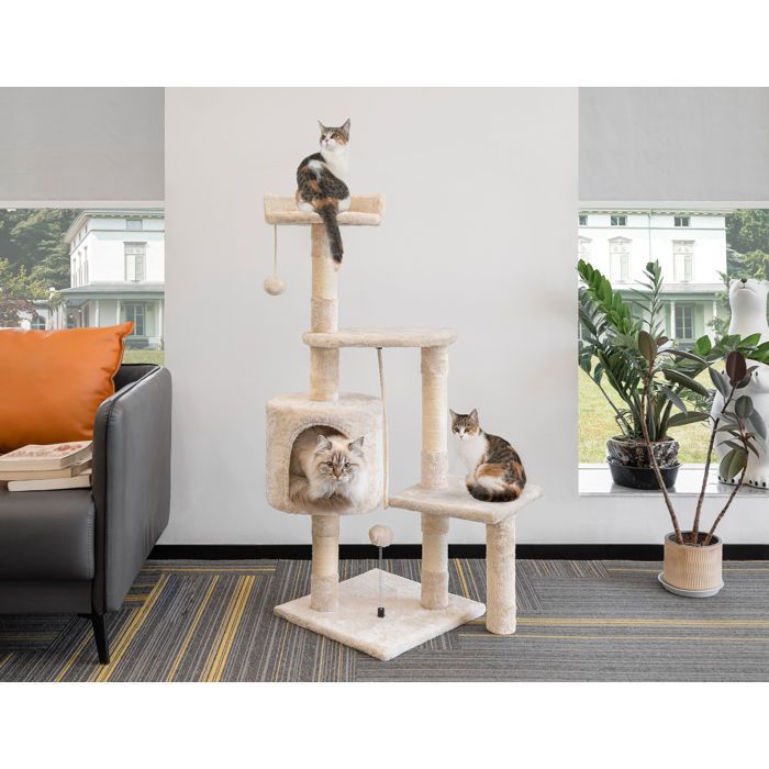Arbre à Chat,112cmTour de Jeux Stable pour Chat,Arbre à Grimper Multi-Niveaux avec4Poteaux en Sisal,3Plateformes,Nid Douillet