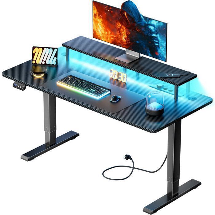 HLONONE LED Elektrisch Zit-Sta Bureau 140 x 60 cm, Gaming Bureau met Geïntegreerd Stopcontact & USB-poort, 3 Geheugenfuncties, Zwart
