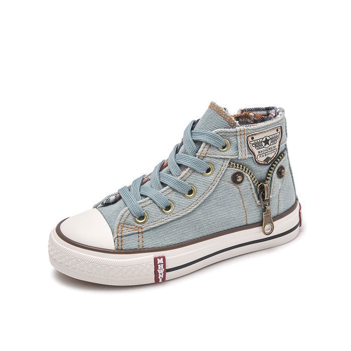 Baskets Haute en Toile Enfant Chaussures Léger en Denim Respirante Antidérapant Pour Garcon et Fille - Bleu Clair