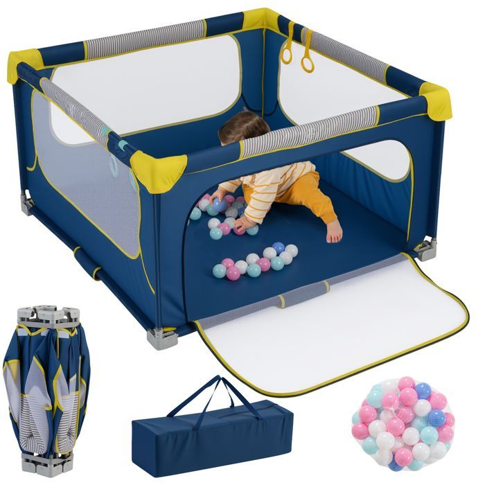 Parque infantil plegable DREAMADE, no requiere montaje, con 50 pelotas y bolsa de transporte, parque infantil para niños pequeños de 0 a 36 meses en tela Oxford, 4 anillas, azul
