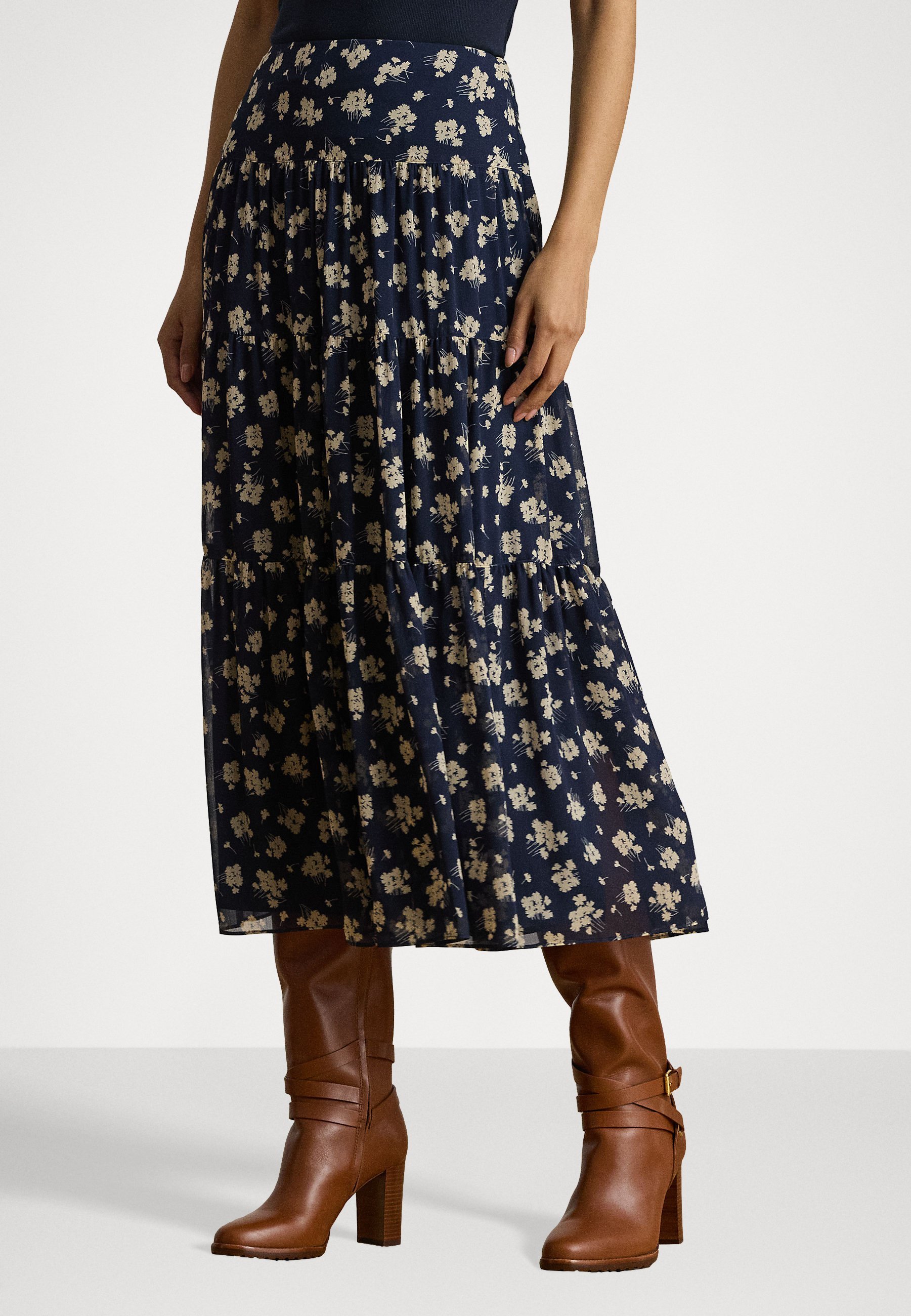 Lauren Ralph Lauren rok van georgette met bloemenprint en plooien - A-lijn rok - marineblauw/crème