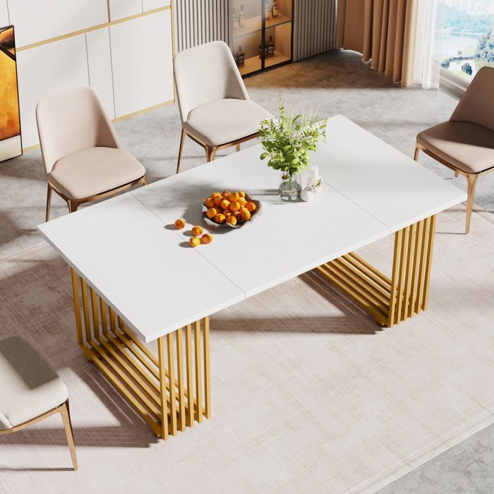 Table à Manger Moderne,Little Tree,180 cm Table de Cuisine en Bois avec Pieds en Métal Doré Pour 6 à 8 Personnes,Blanc et Or