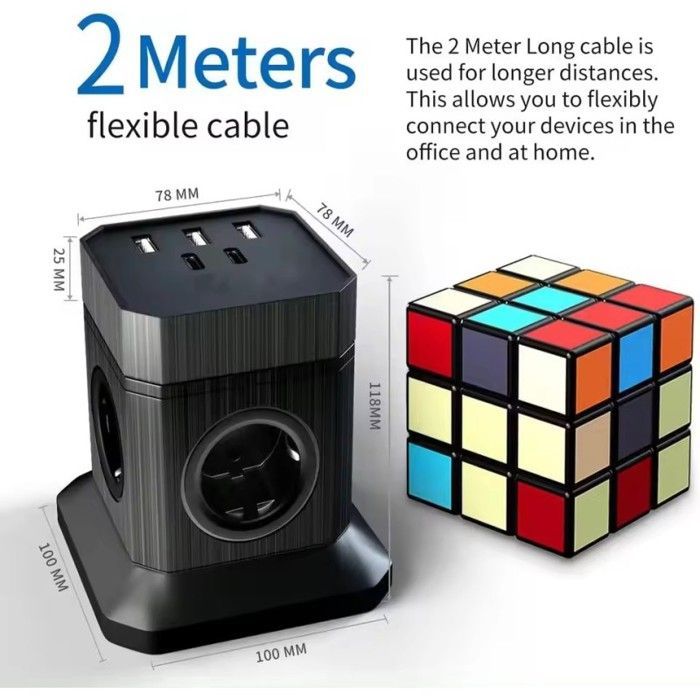 Tower Power Strip Surge Protector with 5 Outlets, 3 USB-A + 2 USB-C Ports, 4.5A - 2m Cord - Black