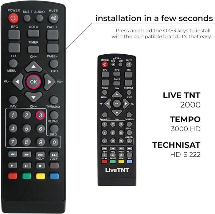 7-in-1 yleiskaukosäädin, joka on yhteensopiva digitaalisten maanpäällisten DVB-T-vastaanottimien kanssa: Strong, Engel, Metronic, Strom, LiveTNT, Xoro