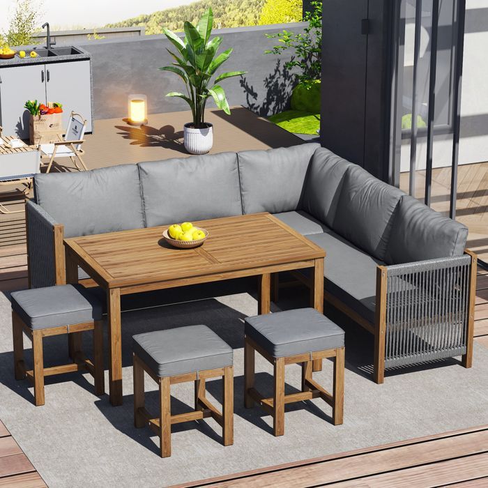 Gartenmöbelset für 7-8 Personen – 2 Sofas, 3 Hocker und 1 Esstisch – Gestell aus Akazienholz – Grau