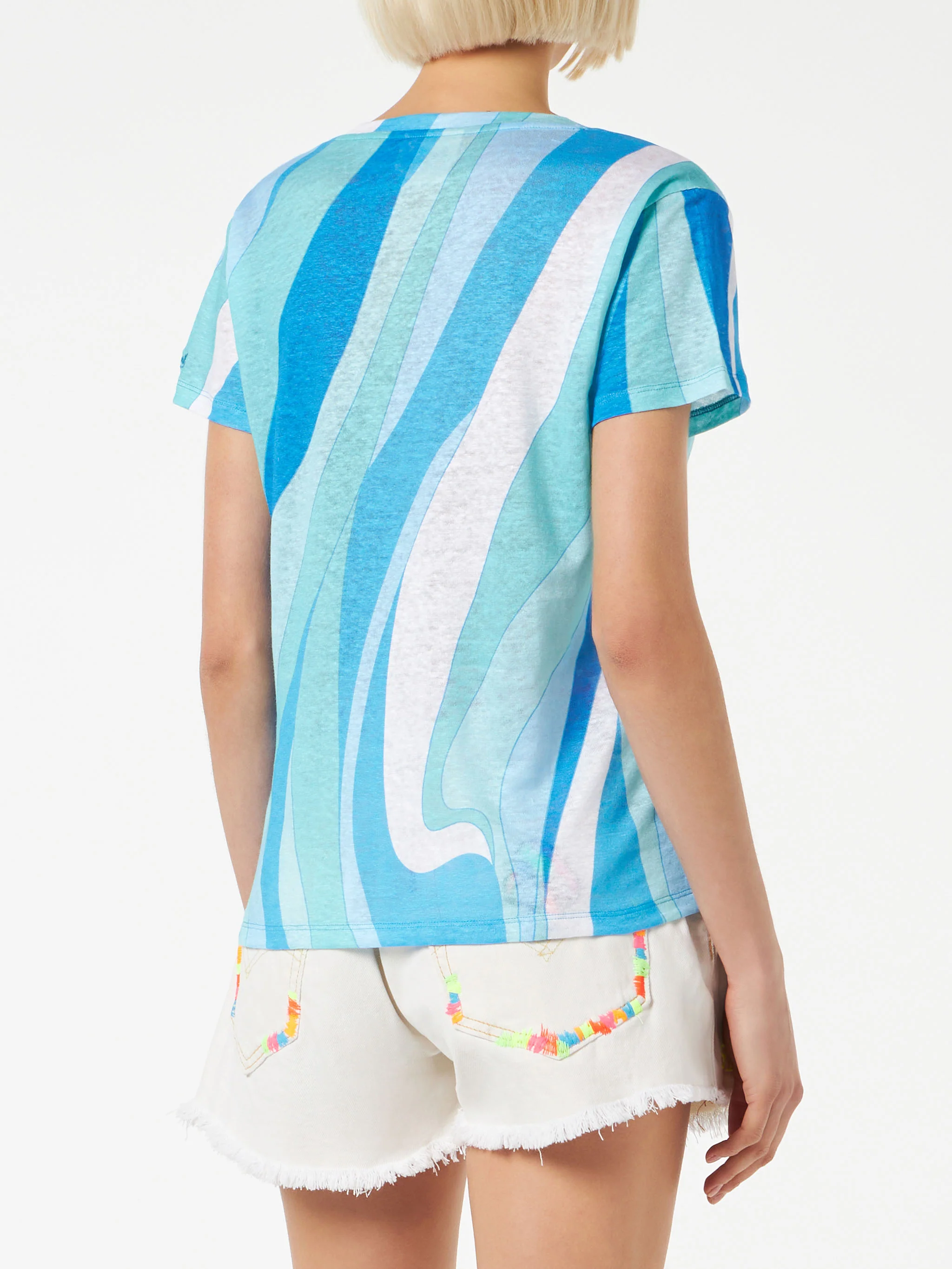 Dames T-shirt van linnen met golfprint