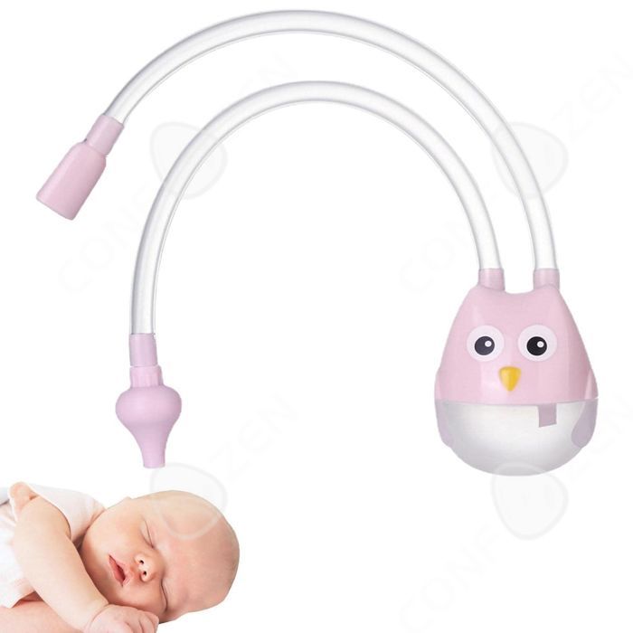 Aspirador nasal manual rosa con forma de búho, fabricado en silicona suave, transparente y reutilizable para la limpieza nasal.