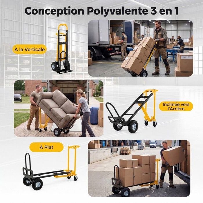 Carretilla metálica plegable 3 en 1 COSTWAY - 4 ruedas - Mango ergonómico, base extensible - 136 kg - Almacén, hogar