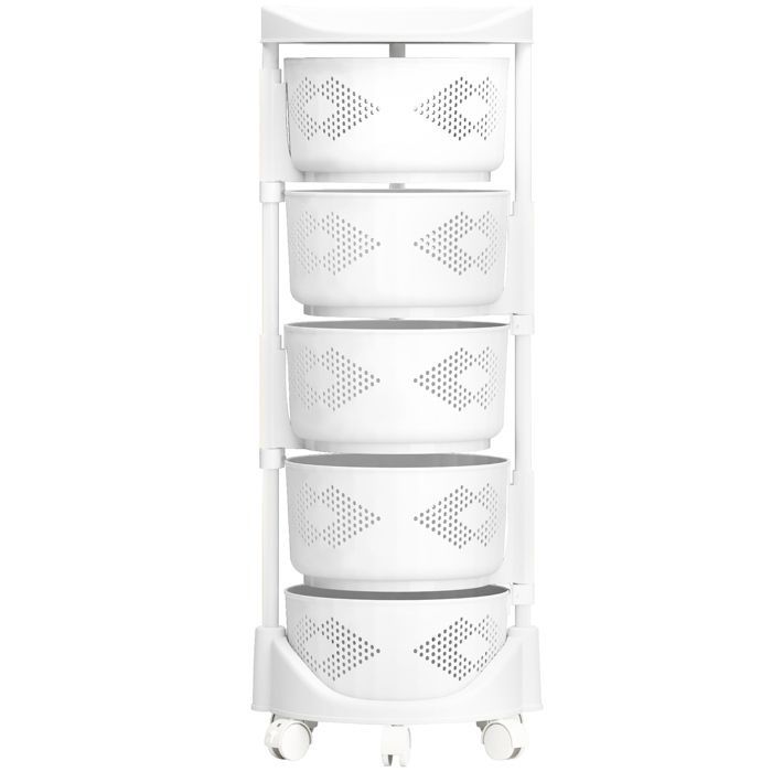 Carrito de almacenamiento de cocina de 5 niveles con ruedas giratorias de 360 grados y cesta giratoria para cocina y baño, blanco, 37x37x88cm