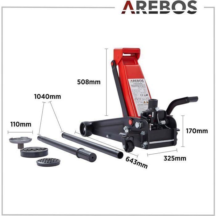 Gato hidráulico AREBOS 3T | Altura de empotramiento 130-508 mm | 2 soportes de goma | Gato giratorio 360° con ruedas