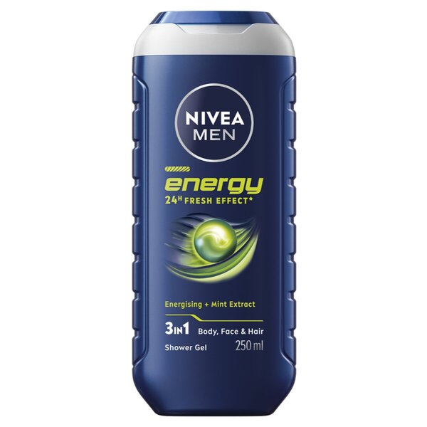 Gel douche 3-en-1 NIVEA Men Energy 24H Effet Fraîcheur<br>250 ml - Peau normale