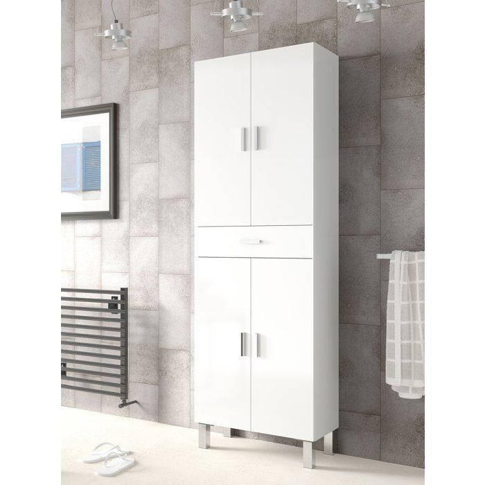 Meuble de salle de bain - Colonne - Décor Blanc brillant - 4 portes + 1 tiroir - L60 x P29 x H182 cm - ARUBA