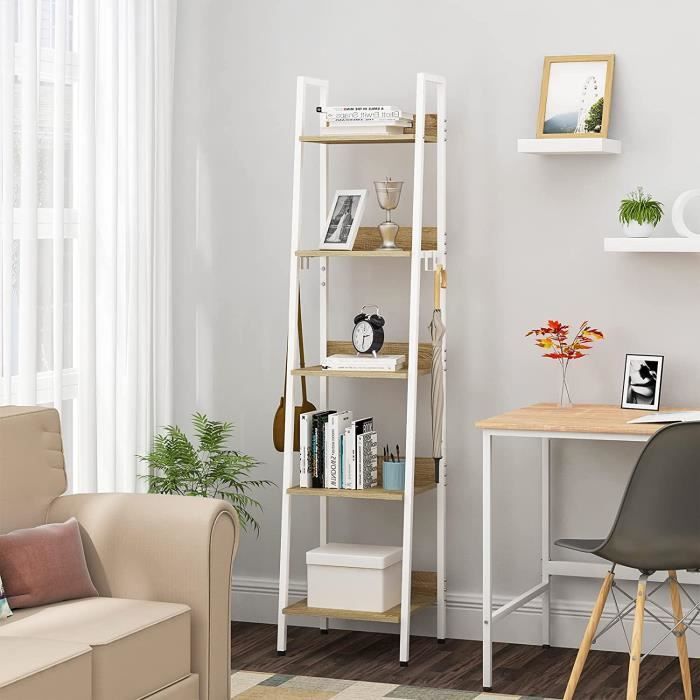 Estantería tipo escalera WOLTU, estantería de almacenamiento de 5 niveles con 4 ganchos extraíbles, estructura metálica, blanca, 40x170x36cm
