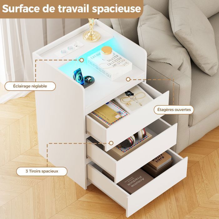 Lot de 2 Table de Chevet 40×35×68cm, 3 Tiroirs, 2 USB Ports et 2 Prises, LED Réglable, Moderne, Scandinave, Blanc