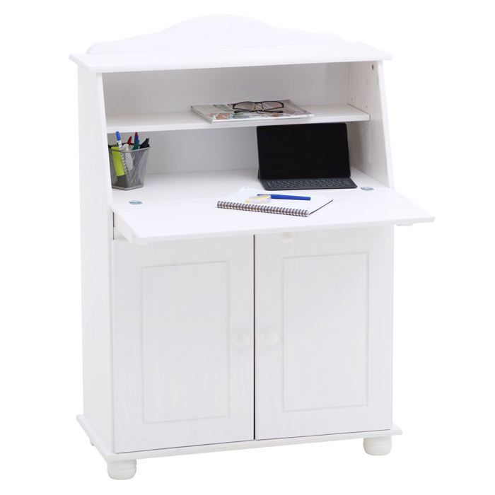 DAVID secretary desk with drop-front storage, multiple shelves, 2 doors and fold-down worktop in solid white-stained pine