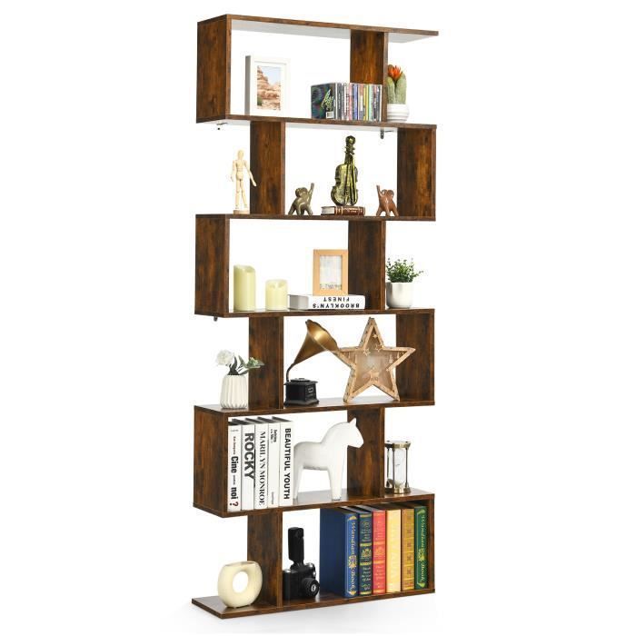 COSTWAY industriell bokhylle med 6 etasjer, 80 x 23 x 192 cm, S-formet oppbevaringshylle med sklisikre føtter, brun