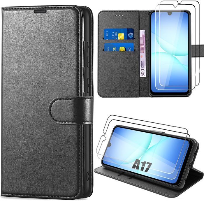 Custodia protettiva - BOOLING - per Samsung Galaxy A17 5G/4G - Cover a libro in similpelle nera - 2 pellicole protettive in vetro temperato