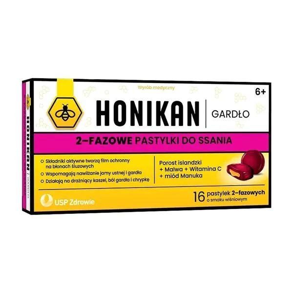 Honikan Gardło 2-fazowe pastylki do ssania, Smak wiśniowy
