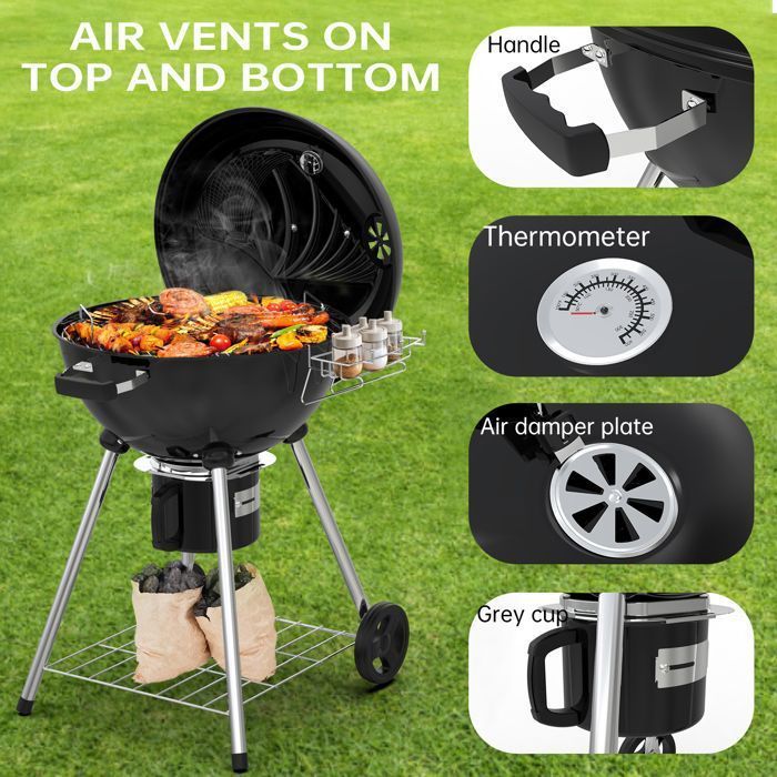Barbecue a carbone rotondo da 57 cm con coperchio, ideale per 4-12 persone, cassetto raccogli cenere, ventilazione regolabile.