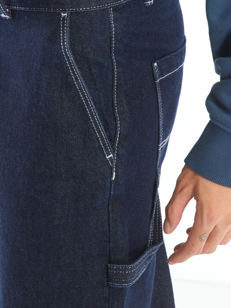 Calça jeans de perna larga com costura contrastante - AZUL