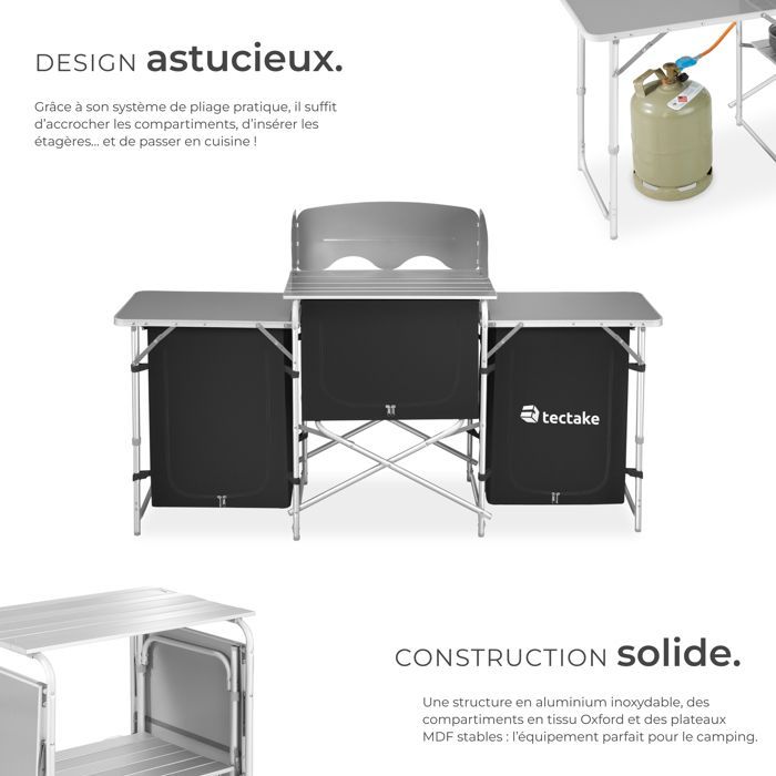 Muebles de camping - TECTAKE - Cocina de camping plegable con bolsa de transporte 172 x 52 x 104 cm - Negro