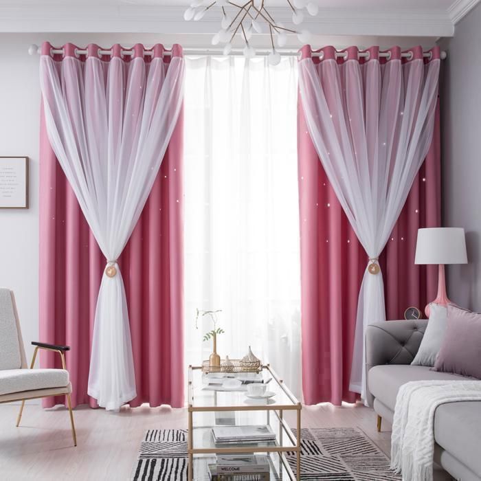 2 paneles - Cortina doble - Diseño de estrella calada - Opaca - 100 x 250 cm - Rosa - Para salón y dormitorio