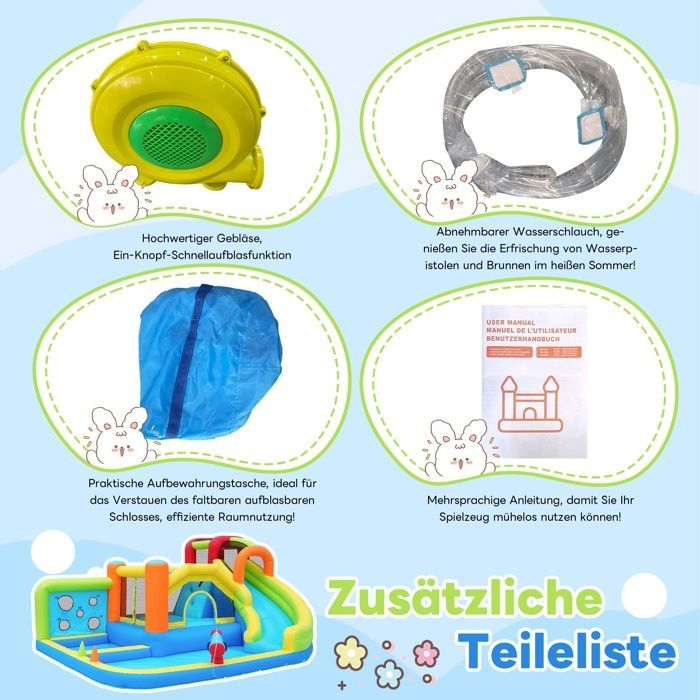 Aufblasbarer Spielbereich mit 450-W-Gebläse, Hüpfburg für Kinder von 3 bis 8 Jahren mit Rutsche, Trampolin, Pool und Kletterwand