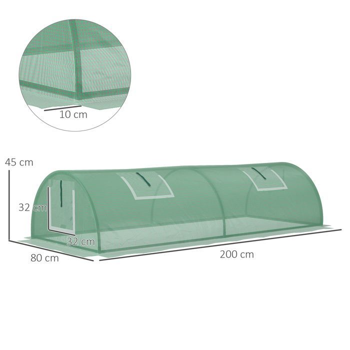 Mini Tunnel Greenhouse - Outsunny - 4 Roll-Up Mesh Doors - High-Density PE Steel 140 g/m² UV Resistant - 200x80x45cm - ver