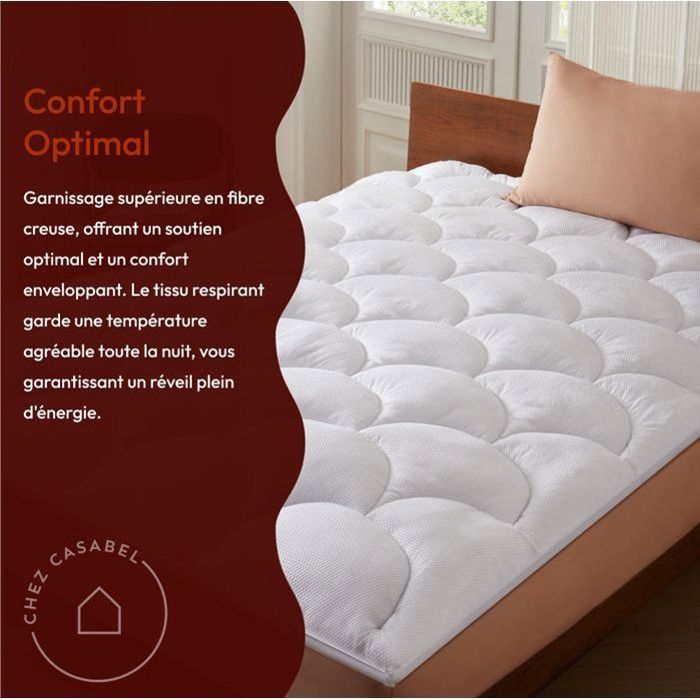 Cubrecolchón refrescante CASABEL de 140x190 cm en microfibra gofre blanca premium - Relleno de fibra hueca de 600 g/m², 4 cm de grosor.