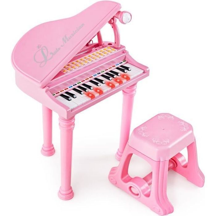 Piano infantil COSTWAY de 31 teclas con taburete, micrófono, 3 modos de enseñanza, luz LED, reproductor de MP3, 4 estilos musicales, 22 canciones, color rosa.