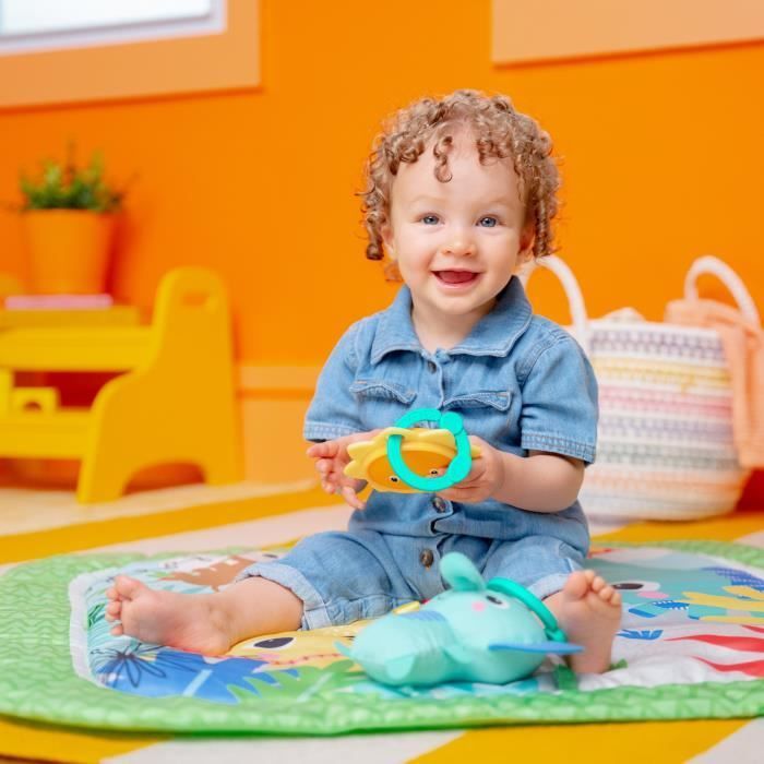 Alfombra de juegos plegable y convertible para bebés BRIGHT STARTS - Verde selva - con arco, juguetes sensoriales y musicales y espejo.