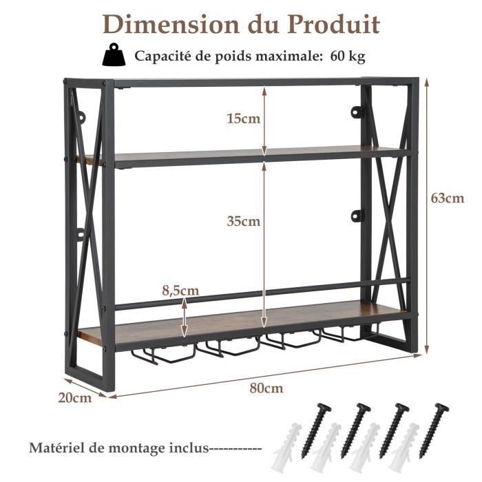 COSTWAY Casier à Vin Mural Industriel à 3 Niveaux avec Porte-gobelet en Métal, Étagère de Rangement pour Cuisine Bar Salle à Manger