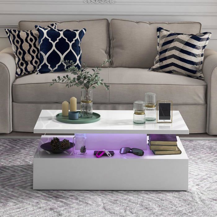 Mesa de centro iluminada de 2 niveles COSTWAY, colores de luz LED ajustables, brillo ajustable, control remoto, blanco brillante.