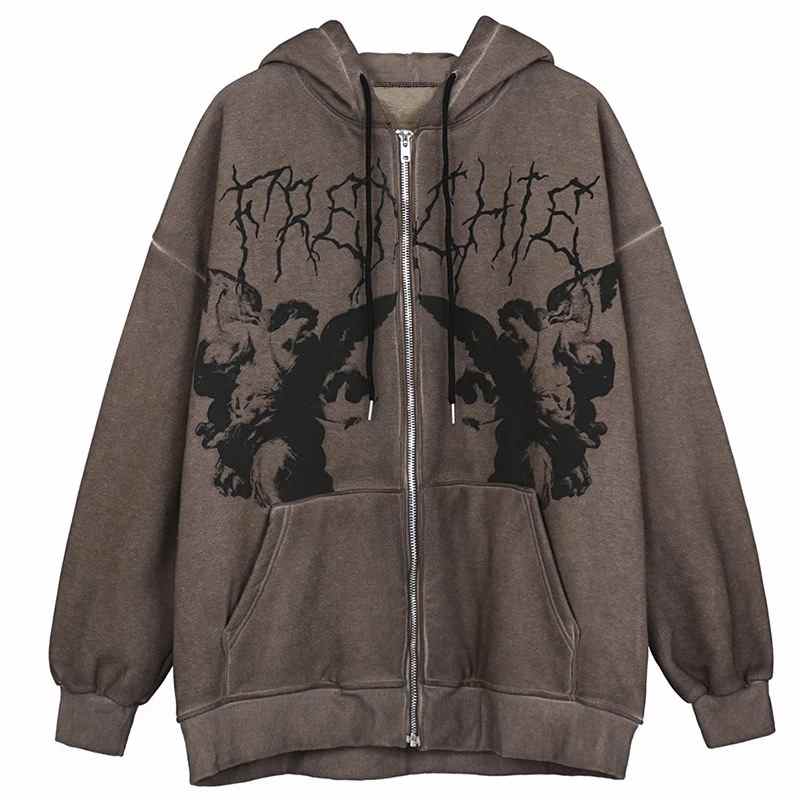 Felpa con cappuccio da donna Hip Hop Streetwear, giacca con cerniera Goth Angel Dark Print, cappotto Harajuku Y2K con cappuccio, abbigliamento uomo donna Punk Outwear