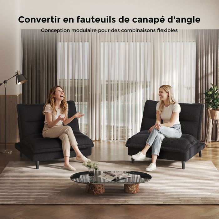 Sofá cama convertible 3 en 1 en color negro, respaldo ajustable, tapizado en terciopelo blanco lechoso, cómodo e ideal para espacios pequeños.