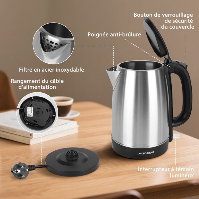 Aigostar Milo Stainless Steel Electric Kettle, 1.7L 2200W Kettle with Anti-limescale Filter, Automatic Shut-Off, BPA-Free, Black