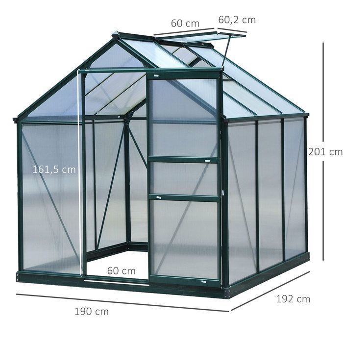 Serre de jardin polycarbonate - Outsunny - résistant aux UV 30+ - avec fondation renforcé - 190 x 192 x 201 cm - vert foncé