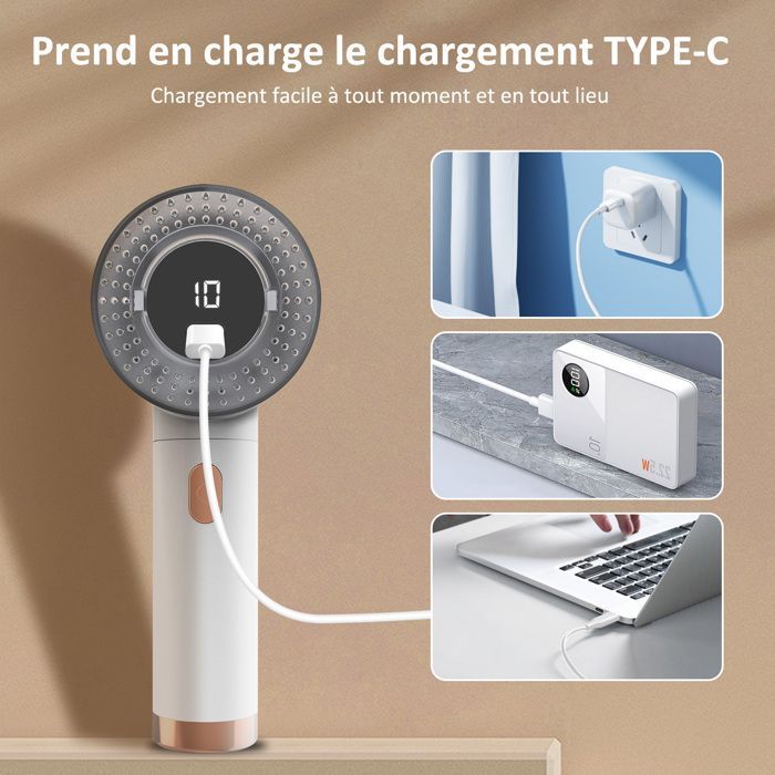 Afeitadora anti-acumulación, pantalla LED, 3 niveles de potencia ajustables, ideal para ropa, sofás, mantas y cortinas.