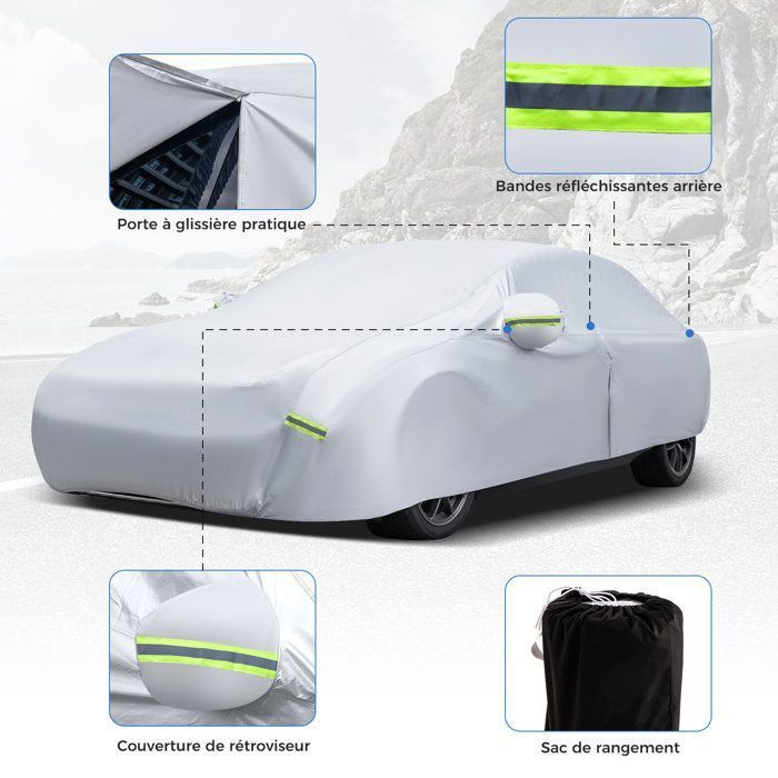 Funda para coche de exterior COSTWAY, con puerta con cremallera, tiras reflectantes y bolsa de almacenamiento, no superior a 431 cm.