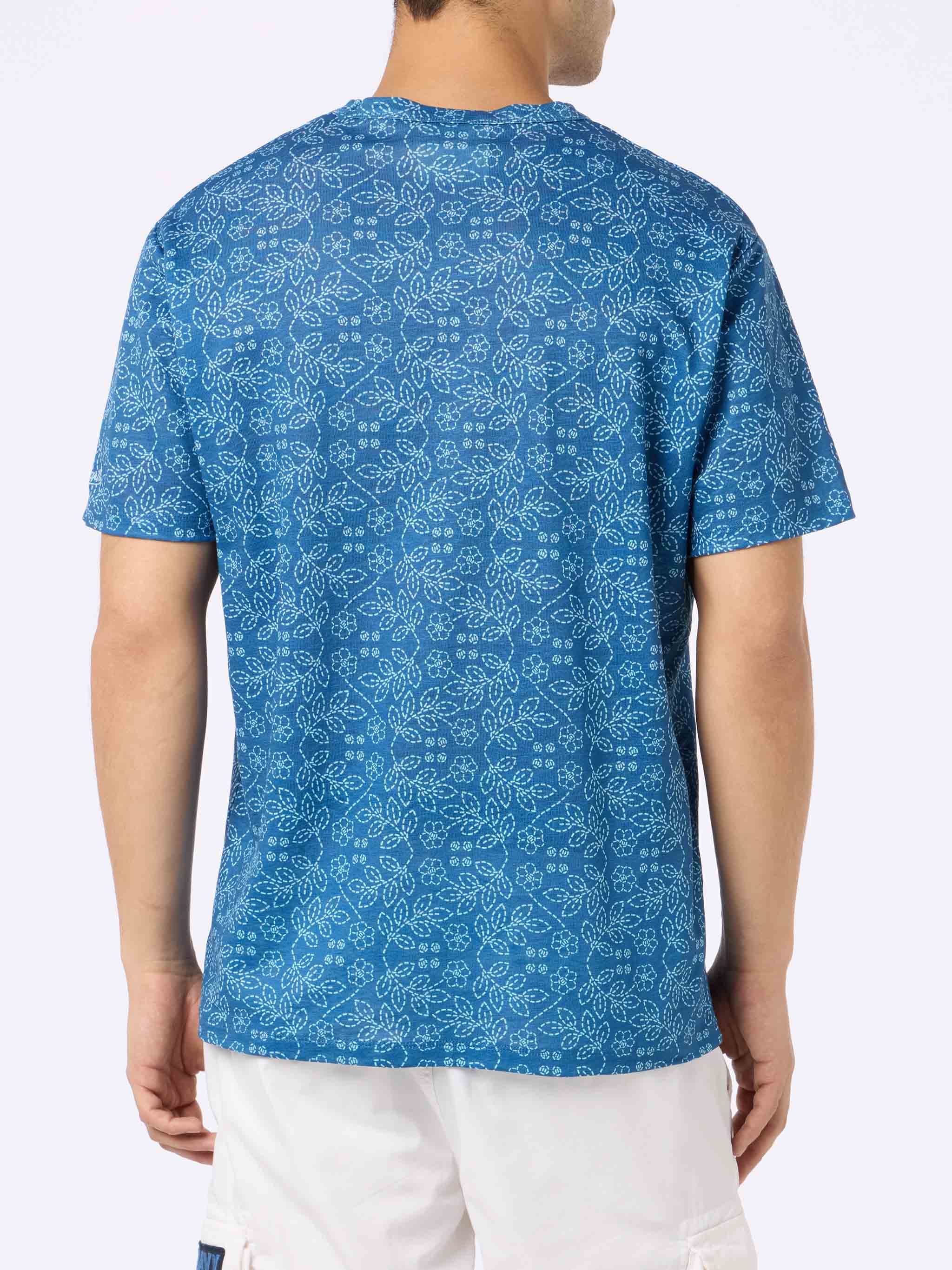 T-shirt Ecstasea pour homme en jersey de lin bleu avec imprimé sashiko