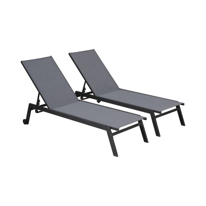 Set di 2 lettini prendisole ELSA in alluminio grigio antracite e textilene grigio tortora. Lettini multiposizione con ruote.