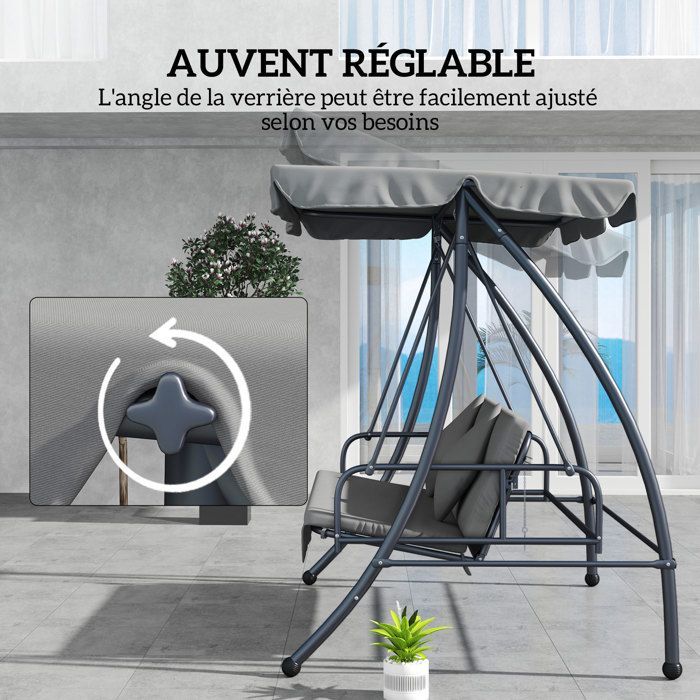 Sedia a dondolo da giardino - Convertibile a 3 posti - Tettuccio inclinabile e regolabile - Materasso - 2 x 1,25 x 1,7 m - Struttura in metallo e poliestere - Grigio chiaro