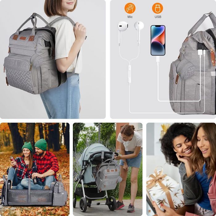 Sac à Dos à Langer pour Bébé,Sac de Voyage avec Lit de Bébé Portable,Grande Capacité Sac à Couches Multifonction Imperméable
