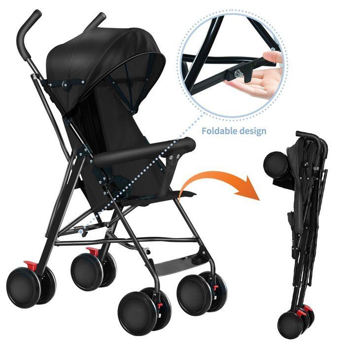 Cochecito de bebé MIPAN - Cochecito tipo paraguas ultracompacto y ligero - Con almohadillas de algodón y mosquitera - Hasta 20 kg - Negro
